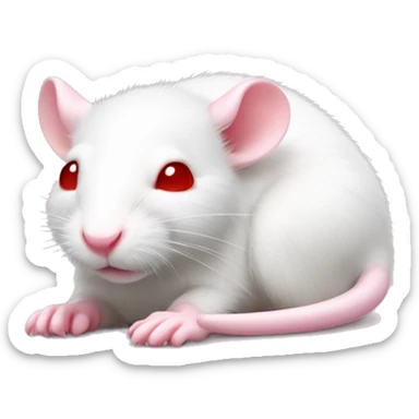 Realistic white rat with small ears, bright red small eyes and baby pink tail wrapped around body and baby pink paws in sleeping position neutral face eyes open body is lying down curled up sticker