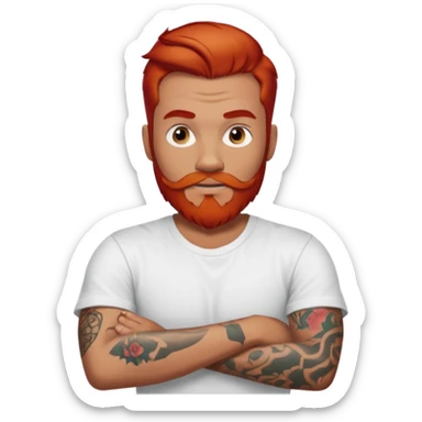 a guy with red beard red hair slick back white tshirt and tattoos oldschool on his arms sticker