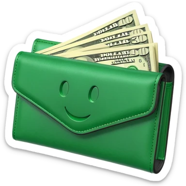 Rich emoji style greenleather wallet with dollar bills, luxury money vibe, premium 3D emoji, ultra clean, high detail, no background sticker
