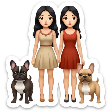 latin woman in a dress with long black hair standing alongside two French bulldogs  sticker