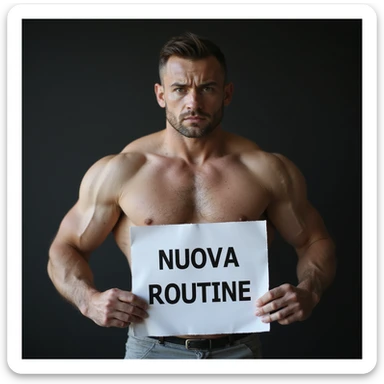 hyperrealistic 4K image of a sad muscular fitness man holding a sheet with the text 'NUOVA ROUTINE', no background, variation 18 sticker