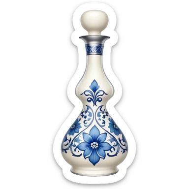 A sleek, tall, and elegant white bottle with intricate blue floral patterns, a curvy hourglass shape, and a reflective silver cap, reminiscent of fine ceramic craftsmanship and luxury tequila sticker