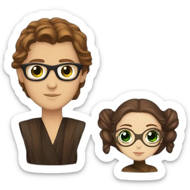 anakin with glasses and padme with green eyes, long brown hair sticker