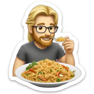 Tall long haired pony tail blonde man with beard and glasses eating thai food sticker