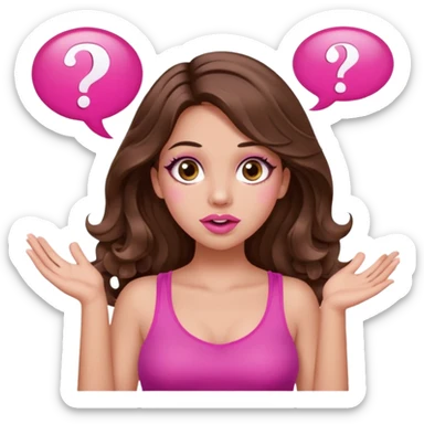 girl with long wavy brown hair, brown eyes, long lashes makeup, sexy pink lips, light to medium complexion, pink sexy top, two hands up, shrugging, confused question mark bubble sign sticker