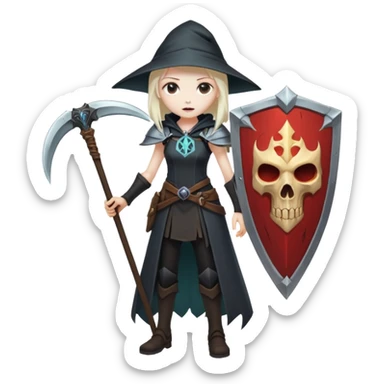 Necromancer girl with scythe and shield, in front of a dead mage sticker