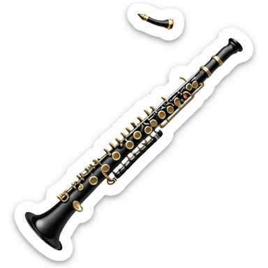 Create an elegant and detailed emoji representing a clarinet. The design should feature the sleek, black wood finish of the clarinet with its shiny metal keys clearly visible. Highlight the intricate details, such as the bell at the end and the carefully crafted mouthpiece with the reed. Use black wood tones for the body of the instrument and silver or brass accents for the keys. Add subtle musical notes or soundwaves floating around the instrument to evoke the smooth, melodic sound of the clarinet. The background should be transparent. sticker