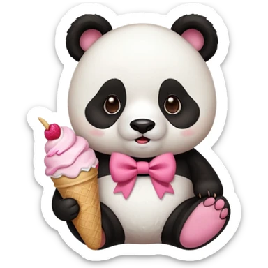 Cute chili style Panda with big pink bow eating and ice cream  sticker
