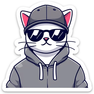 cat wearing a black snapback cap and black hoodie, with black sunglasses positioned low on his nose, winking one eye while looking directly at the viewer over the top of his sunglasses with a mischievous expression, doing graffiti with spray paint sticker