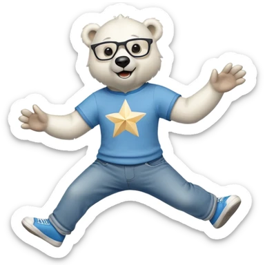 friendly anthropomorphised polar bear jumping and looking excited, wearing a shirt, jeans, trainers, star-shaped glasses sticker