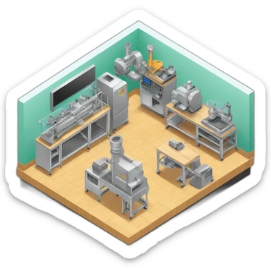 isometric square transparent solid outline border containing indoor creative workshop handmade factory 3 people actively working cnc machine tools vacuum simple clean industrial sticker