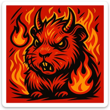 red guinea pig demon with sharp horns and fire emoji elements, bold graphic style sticker