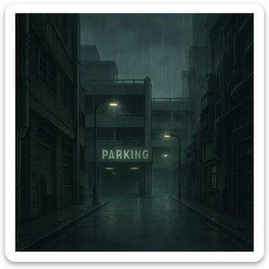 a dark, drab industrial street, dim lights, thick fog and rain. no cars. parking structure. pre-twilight gray. dystopian futurepunk, but the streets are clean sticker