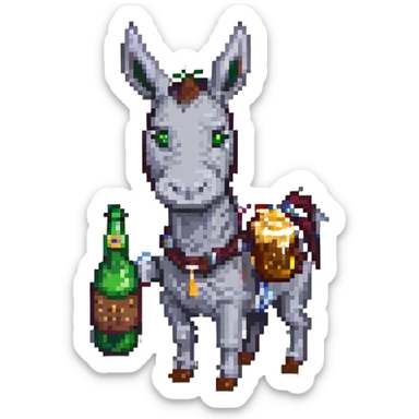 a mule with a beer bottle, pixel art style sticker