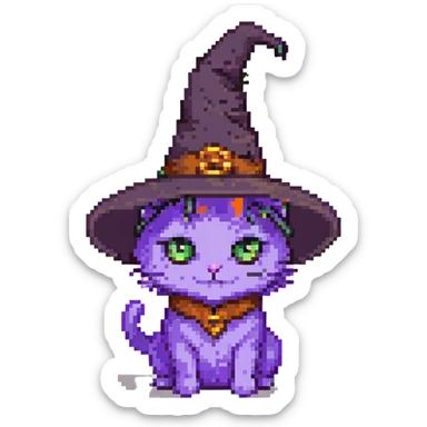 purple witch cat with a hat pixel art sticker
