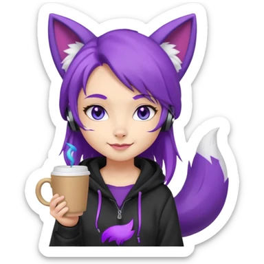 chibi fox girl with purple hair , purple fox ears, purple fox tail, black hoodie, blue eyes with head phones around her neck and white shorts, generate her looking smug holding a large coffee cup sticker