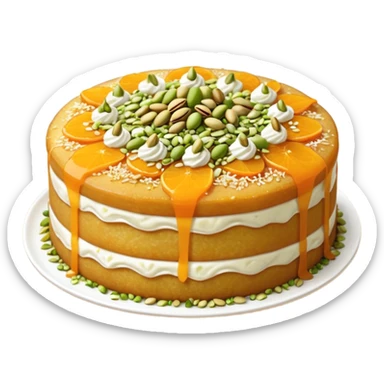 A small round emoji of traditional kanafeh with golden-orange crispy threads, a gooey white cheese center, and a light sprinkle of green pistachios. Warm and delicious-looking. sticker