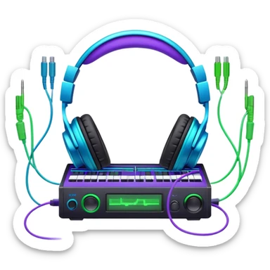 Create a creative and technical emoji that represents sound design. The design should feature a soundwave, a pair of studio headphones, and an audio synthesizer or soundboard to symbolize the manipulation and creation of unique soundscapes. Add subtle elements like audio cables, a mixing console, or a waveform to reflect the technical aspect of sound design. Use vibrant, futuristic colors like neon blue, purple, and green to represent innovation and creativity in sound. The background should be transparent. sticker