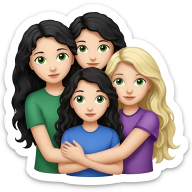 Компанія дівчат троє одна дівчина з чорним волоссям хвилястим довгим карими очима, друга з блондинистим довгим волоссям блакитними очима, третя з темним каштановим волоссям і зеленими очима, вони усі обіймаються sticker