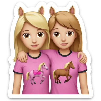 Two Girls with their arms around each other at summer camp one blonde one brown hair brown hair wearing pink horse shirt sticker