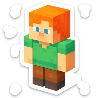 Alex from Minecraft, 3D blocky voxel style, orange hair, green shirt, brown pants, facing forward, classic Minecraft look sticker