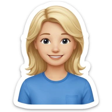 Happy blond girl with light weavy hair with a blue shirt but we can see only her face and neck and the top of the t shirt, no whole body sticker