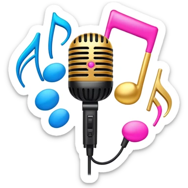 Create a vibrant and energetic emoji that represents pop or stage vocal performance. The design should feature a microphone, a set of musical notes, and a spotlight or stage lighting to symbolize the performance aspect of pop singing. Add elements like studio headphones, a music mixer, or a soundboard to reflect the modern, studio-based nature of pop vocal performance. Use bright colors like neon pink, electric blue, and gold to convey energy, creativity, and the glamour of the stage. The background should be transparent. sticker