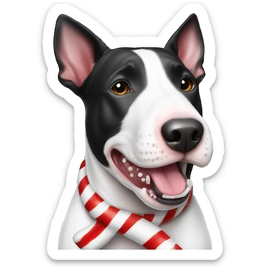 Black and white bull terrier with candy cane sticker