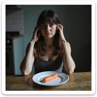 realistic style adult thin woman sitting at kitchen table with an almost empty plate with only a carrot, tired expression, simple kitchen environment, cold lighting, sad atmosphere sticker