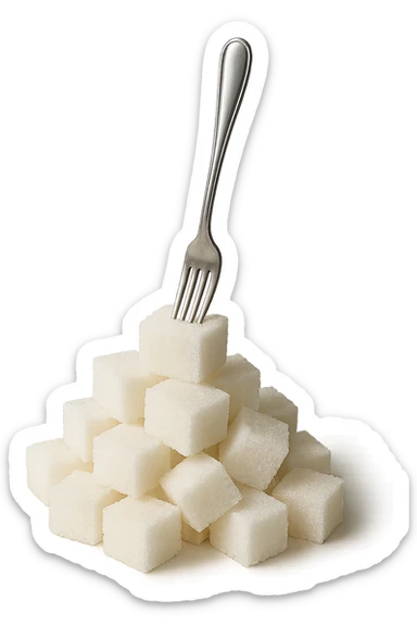 monagna di zollette di zucchero con una forchetta appizzata sopra, iperrealistico 4k sticker