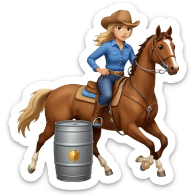 Barrel racing horse and cowgirl turning a barrel but the barrel is a 55 gallon metal barrel sticker