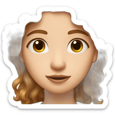 A white woman with brown wavy hair, a strand of hair covering the left eye, and making a heart symbol with her hands sticker