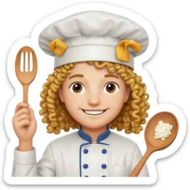 Long curly hair, happy, wearing chef uniform and chef hat sticker