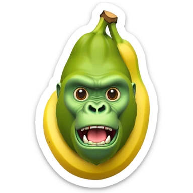 A yellow curved banana with a bright green gorilla head at the top, with gorilla facial features sticker