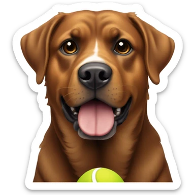Mainly Brown, with a little white on the chest, Rottweiler Retriever mix holding a tennis ball sticker