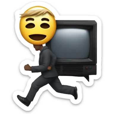 Man with a mask running with a television  sticker