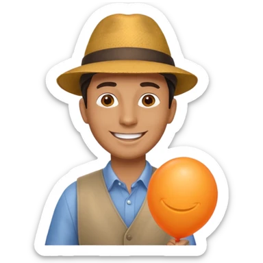 man with hat, holding orange balloon sticker