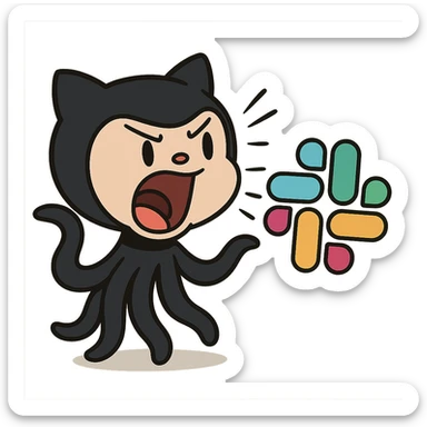 Octocat from Github with an open mouth, shouting at a colorful Slack logo, dynamic and lively, playful and expressive, fun tech sticker, cartoon style, energetic, humorous, exaggerated expression, tech mascot crossover sticker