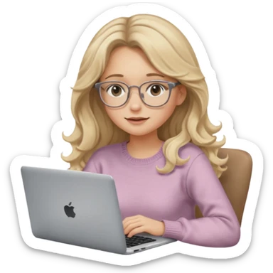 blonde girl with long dark blonde wavy hair, pantos-style glasses, a brown sweater, sitting with a laptop, looking in laptop, soft pastel, upper body shot sticker