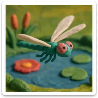 claymation style dragonfly flying with a blurred motion effect, colorful pond background sticker