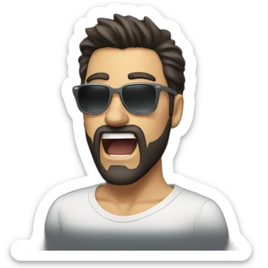 man with dark hair and white highlights, a beard and sunglasses, yelling sticker