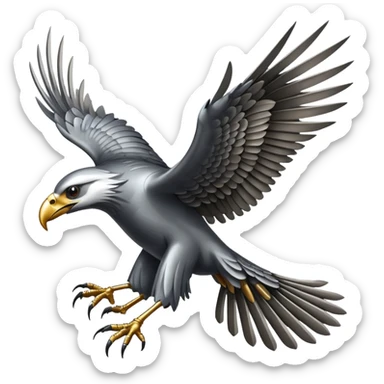 Emoji-style icon of a large metallic predatory bird flying, sharp wings, steel texture, dramatic pose, no gold no yellow sticker