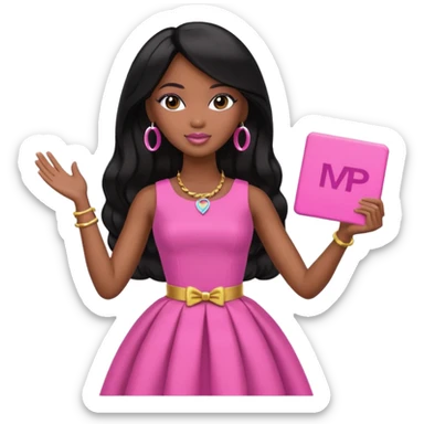 Black barbie, long black  hair, pink dress holding mvp sign  sticker