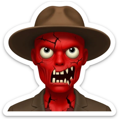 A zombi with red skin and a brown hat sticker