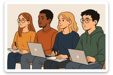 four attentive students sitting and following a university course, diverse group, with notebooks and laptops, modern illustration style, simple background sticker