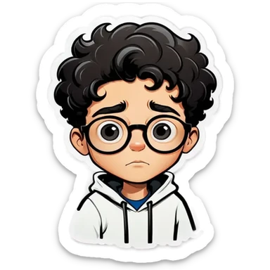 A cartoon drawing of a boy with short black curly hair with glasses and a thoughtful expression he boys face is white and he has black eyes and a black mustache. He is wearing a white hoodie. The background is a light peach color. sticker