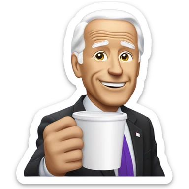 biden with purple liquid spilling out of white foam cup sticker