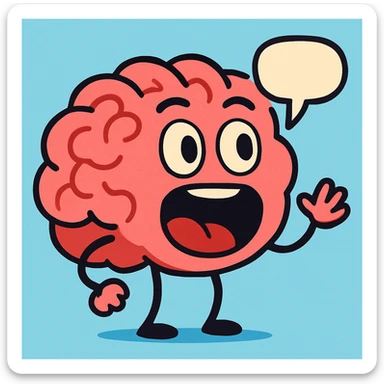 a talking brain, cartoon style, light blue background, big open mouth sticker