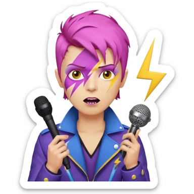 male rockstar emoji character inspired by David Bowie, short pink hair, lightning bolt face paint, yellow emoji skin, dark lipstick, purple and blue jacket, holding a microphone, white background sticker