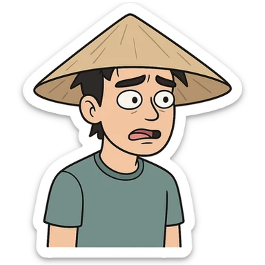 young Asian man with a rice hat sticker